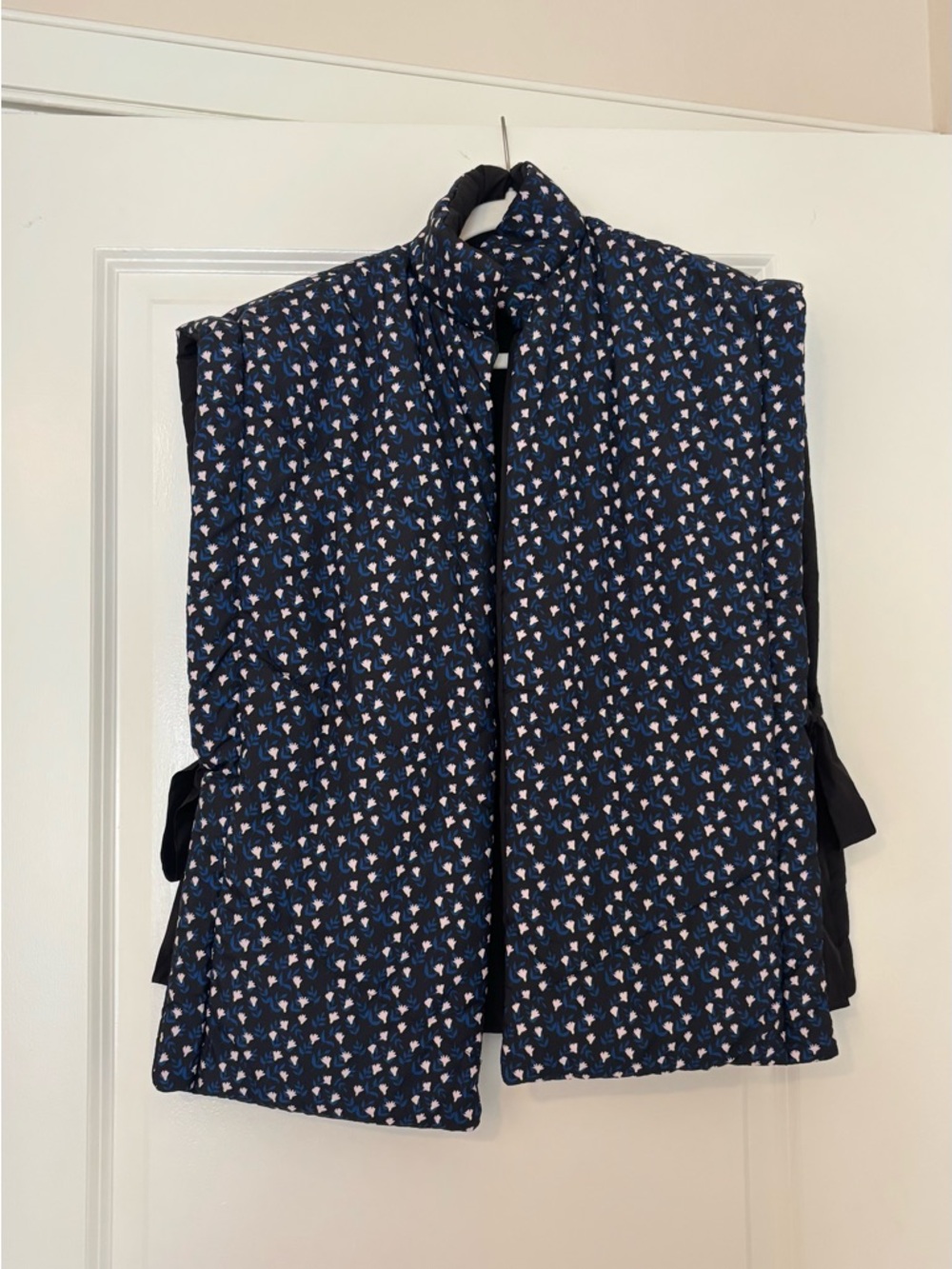 Fully Reversible Bow Tie Puffer Vest Quilted Navy Floral Print